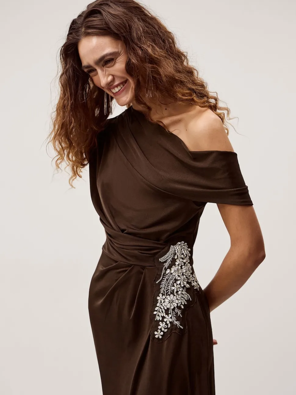 Monsoon Brown Trina Asymmetrical Embellished Jersey Maxi Dress
