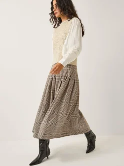 Monsoon Cream Carmen Check Pleat Midi Skirt