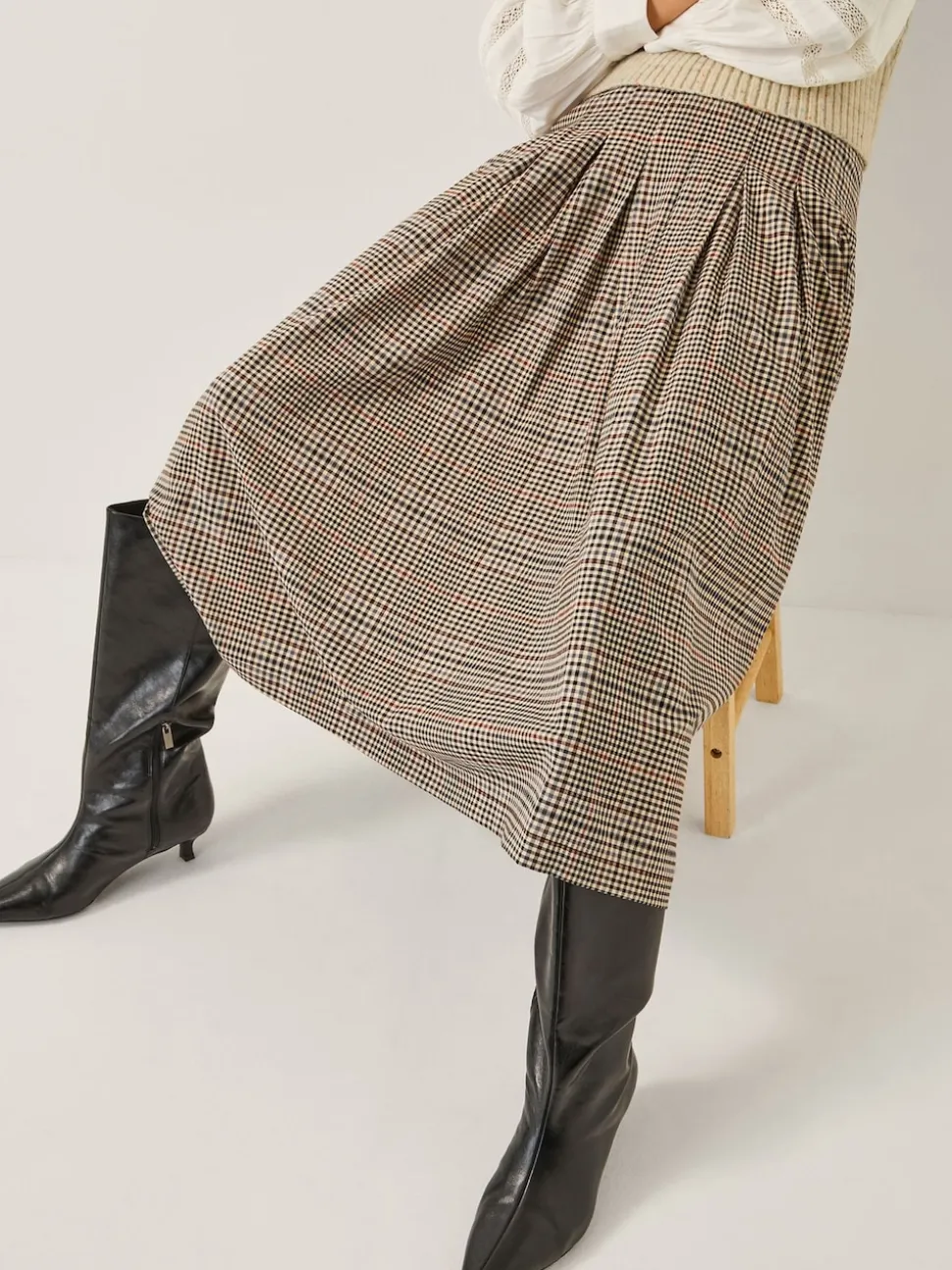 Monsoon Cream Carmen Check Pleat Midi Skirt