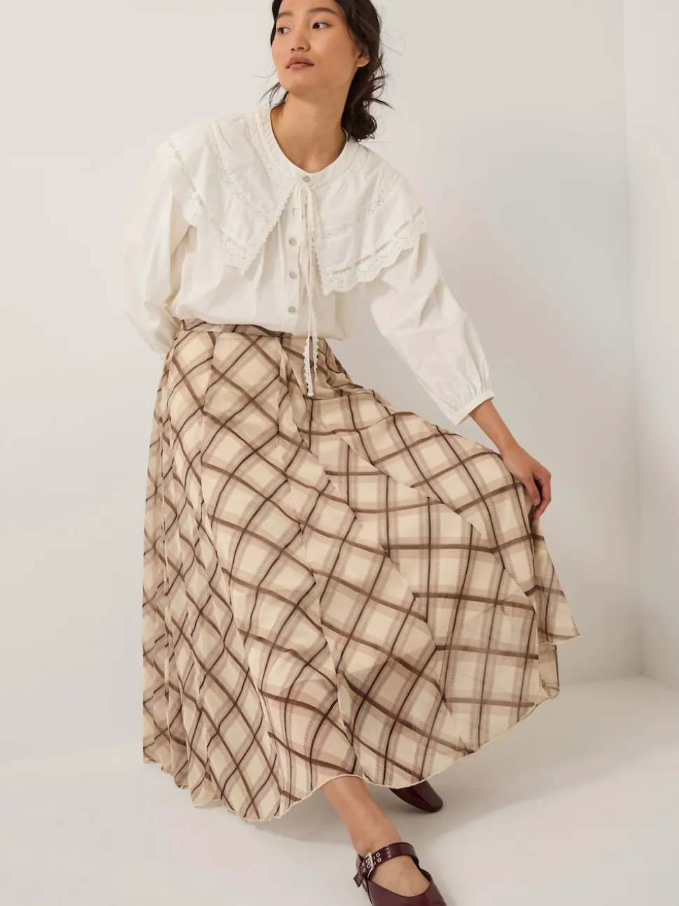 Monsoon Cream Chelsea Check Print Midi Skirt