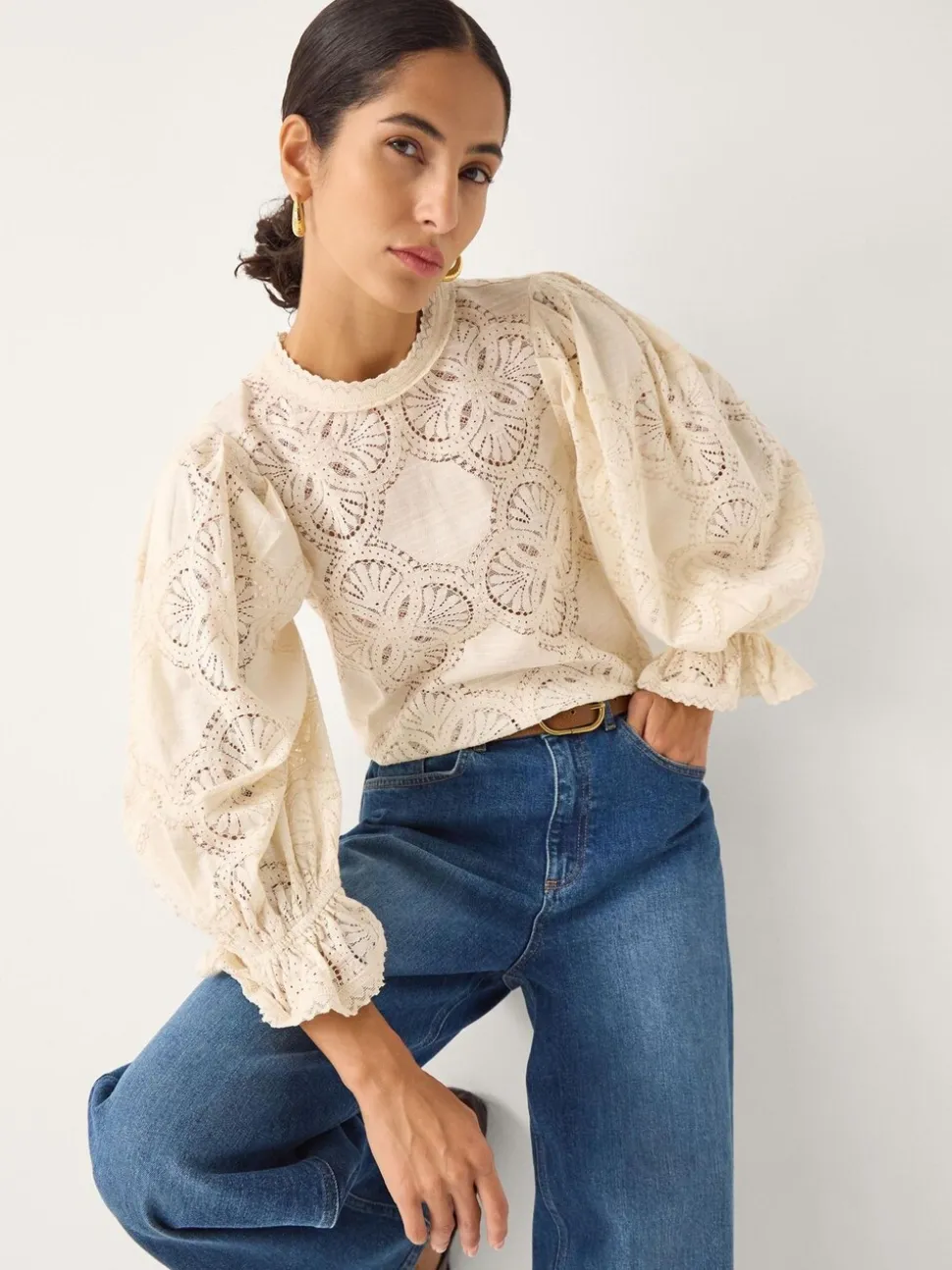 Monsoon Cream Imogen Lace Insert Blouson Blouse
