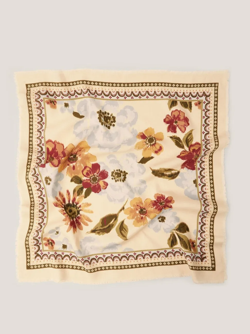 Monsoon Cream Olive Square Floral Print Scarf