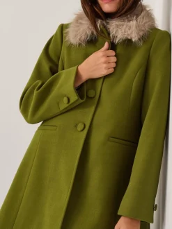 Monsoon Green Beatrice Faux Fur Collar Coat