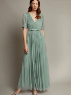 Monsoon Green Ellie Sheer Sleeve Plunge Tulle Maxi Dress