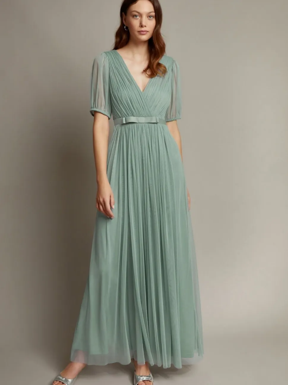 Monsoon Green Ellie Sheer Sleeve Plunge Tulle Maxi Dress