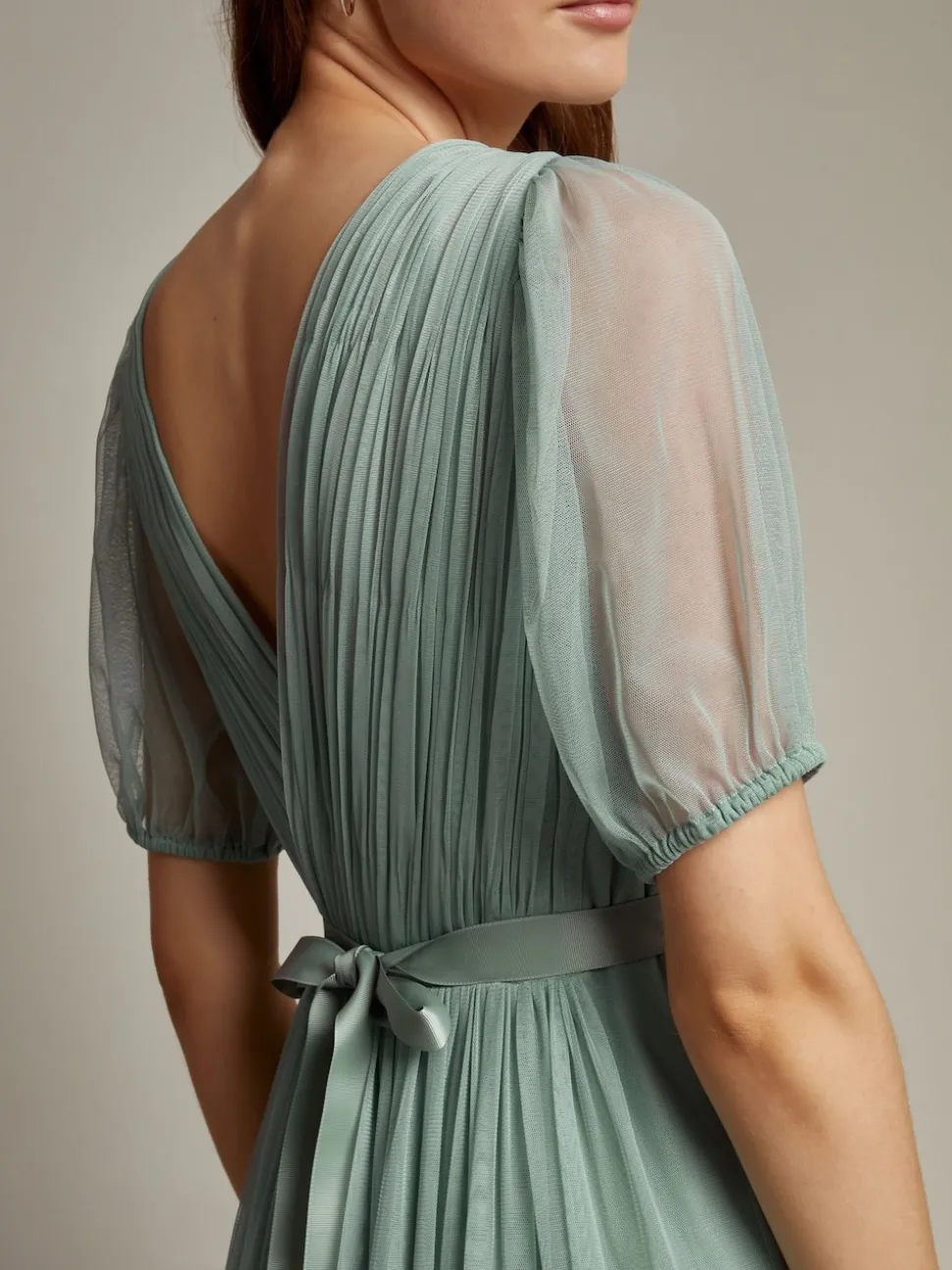 Monsoon Green Ellie Sheer Sleeve Plunge Tulle Maxi Dress