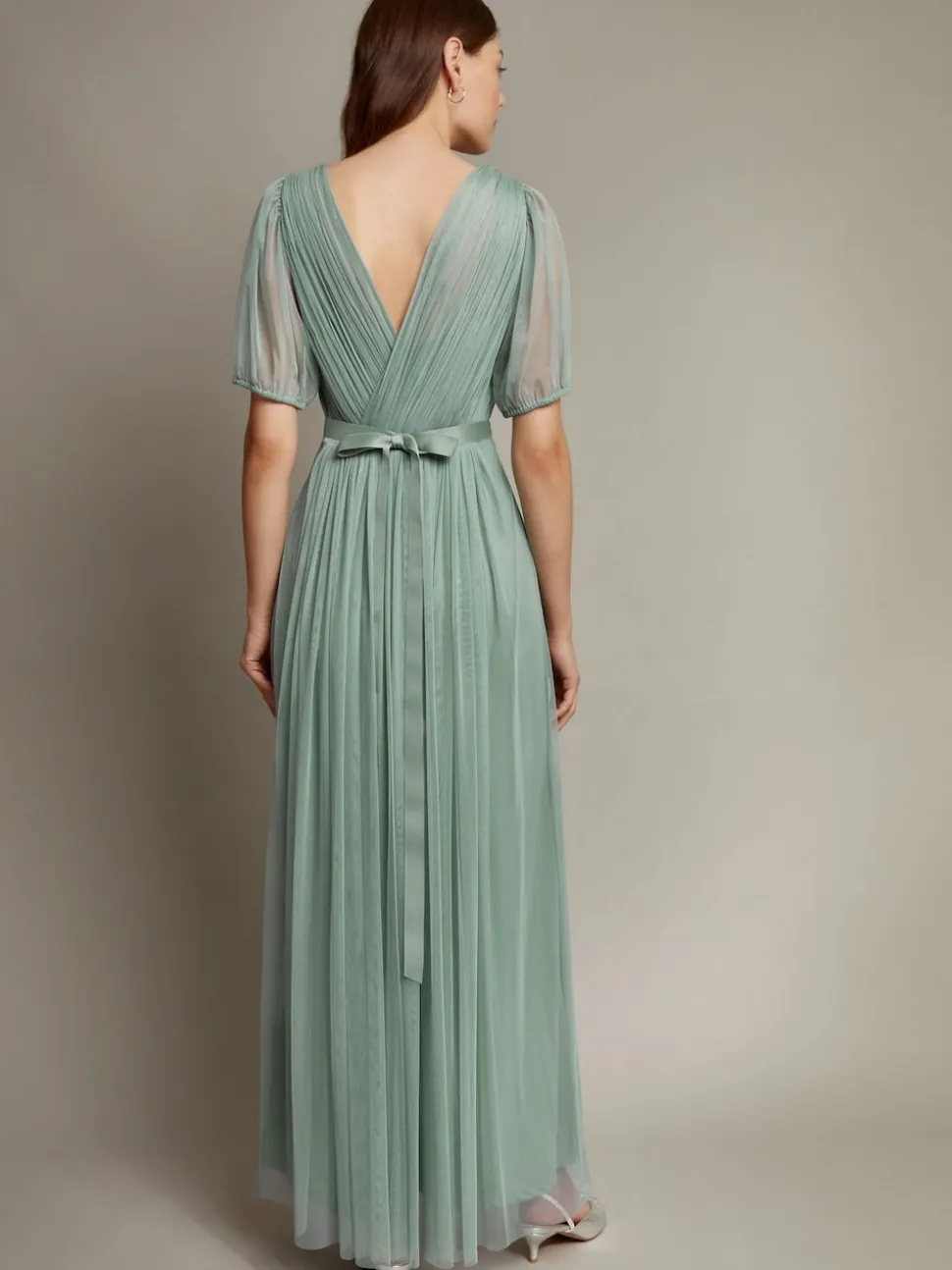 Monsoon Green Ellie Sheer Sleeve Plunge Tulle Maxi Dress