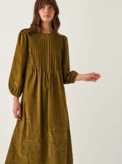 Monsoon Green Joyce Pintuck Embroidered Corduroy Midi Dress