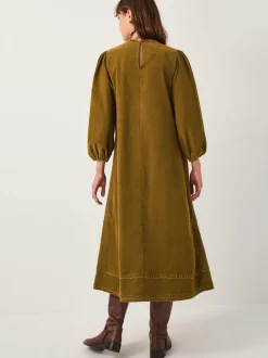 Monsoon Green Joyce Pintuck Embroidered Corduroy Midi Dress