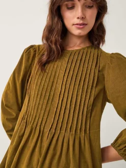 Monsoon Green Joyce Pintuck Embroidered Corduroy Midi Dress