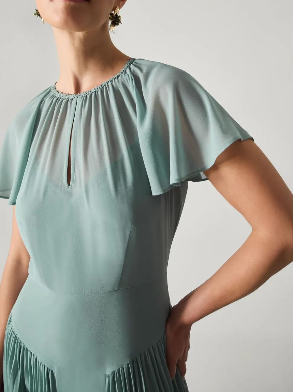 Monsoon Green Madison Flutter Sleeve Pleated Bridesmaid Dress