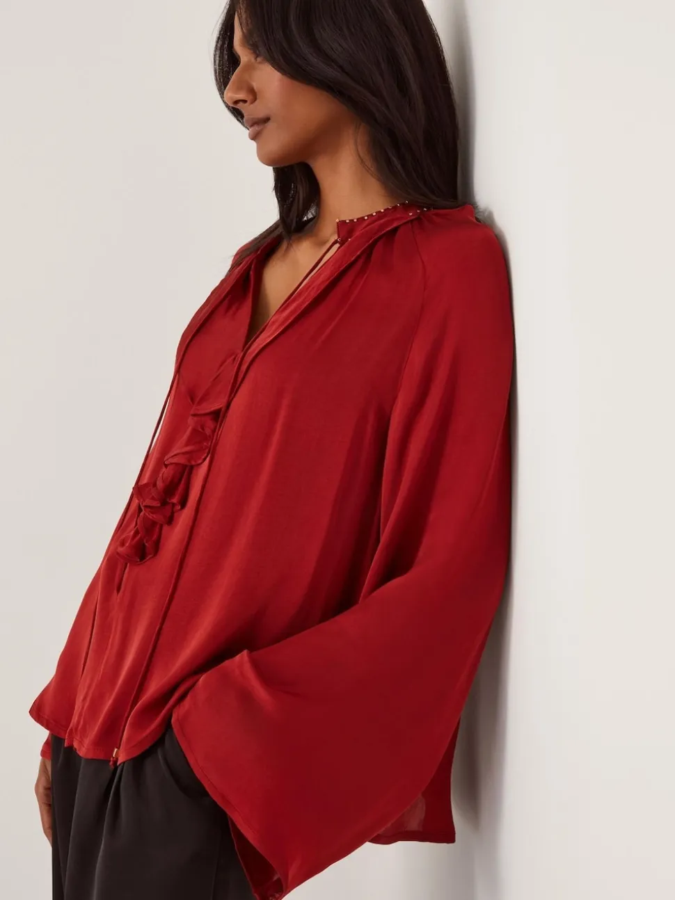 Monsoon Red Arlette Frill V-Neck Blouse