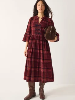 Monsoon Red Charly Check Corduroy Midi Dress