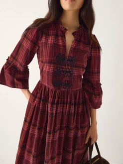 Monsoon Red Charly Check Corduroy Midi Dress