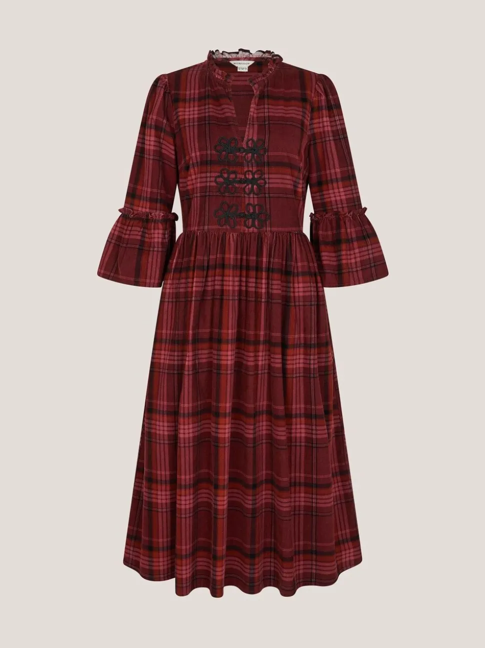 Monsoon Red Charly Check Corduroy Midi Dress