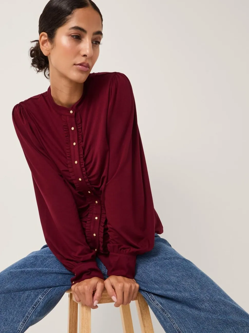 Monsoon Red Jayne Ruched Frill Jersey Blouse