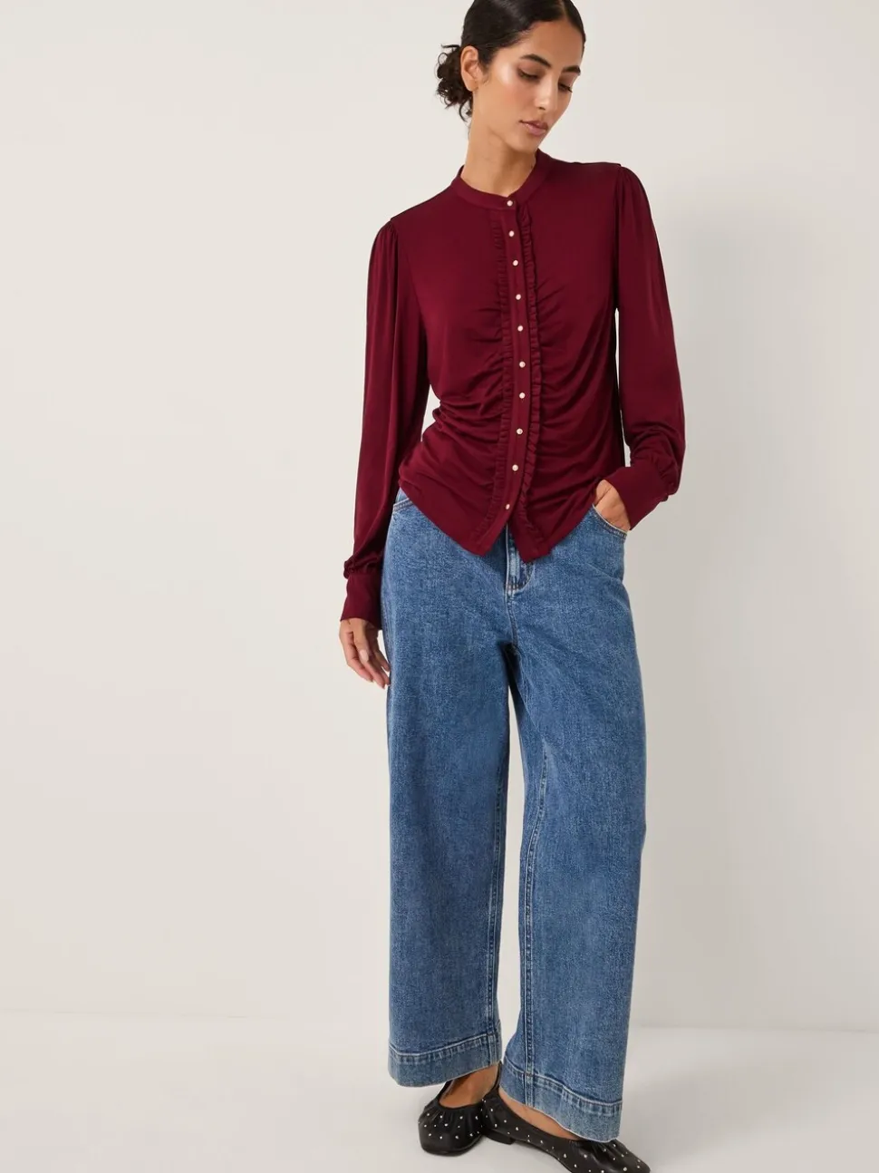 Monsoon Red Jayne Ruched Frill Jersey Blouse