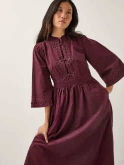 Monsoon Red Jimena Embroidered Corduroy Midi Dress