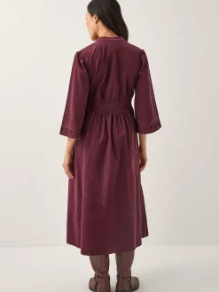 Monsoon Red Jimena Embroidered Corduroy Midi Dress