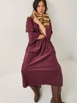 Monsoon Red Jimena Embroidered Corduroy Midi Dress
