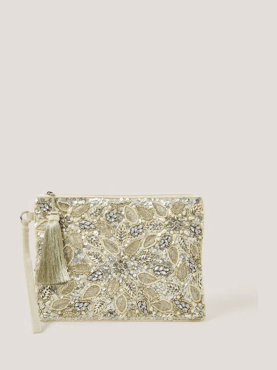 Monsoon Silver Febe Floral Embellished Tassel Pouch