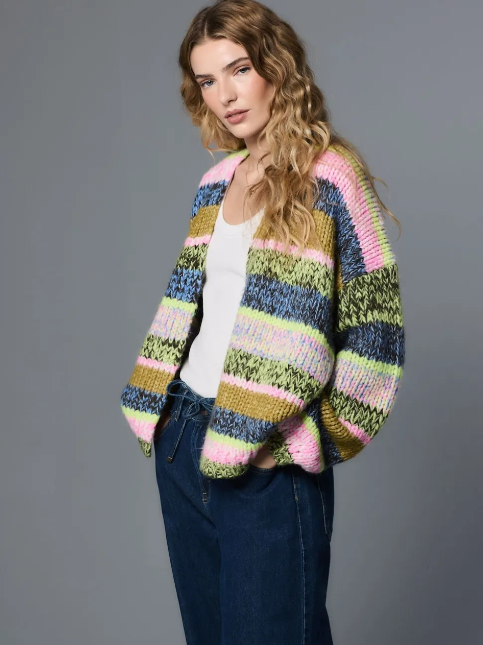 Multi Blue/Green Stripe Soft Touch Chunky Knit Cardigan