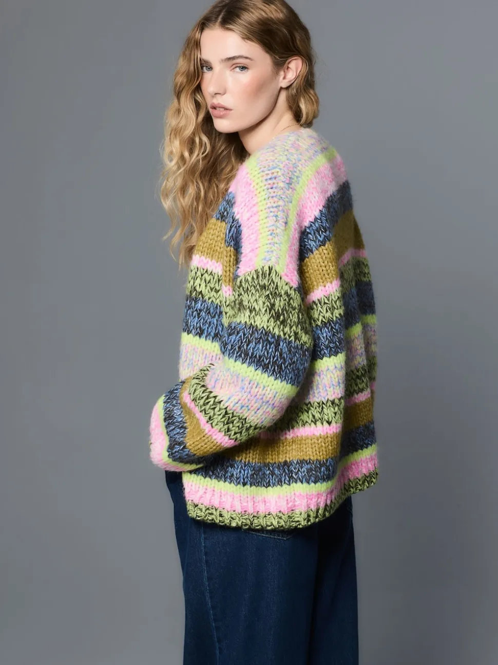 Multi Blue/Green Stripe Soft Touch Chunky Knit Cardigan