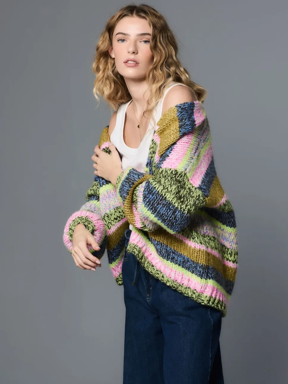 Multi Blue/Green Stripe Soft Touch Chunky Knit Cardigan