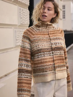 Multi Neutral Stand Neck Fairisle Pattern Stitch Knitted Jumper
