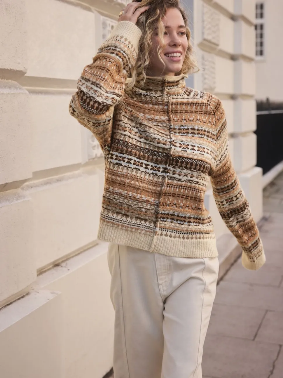 Multi Neutral Stand Neck Fairisle Pattern Stitch Knitted Jumper