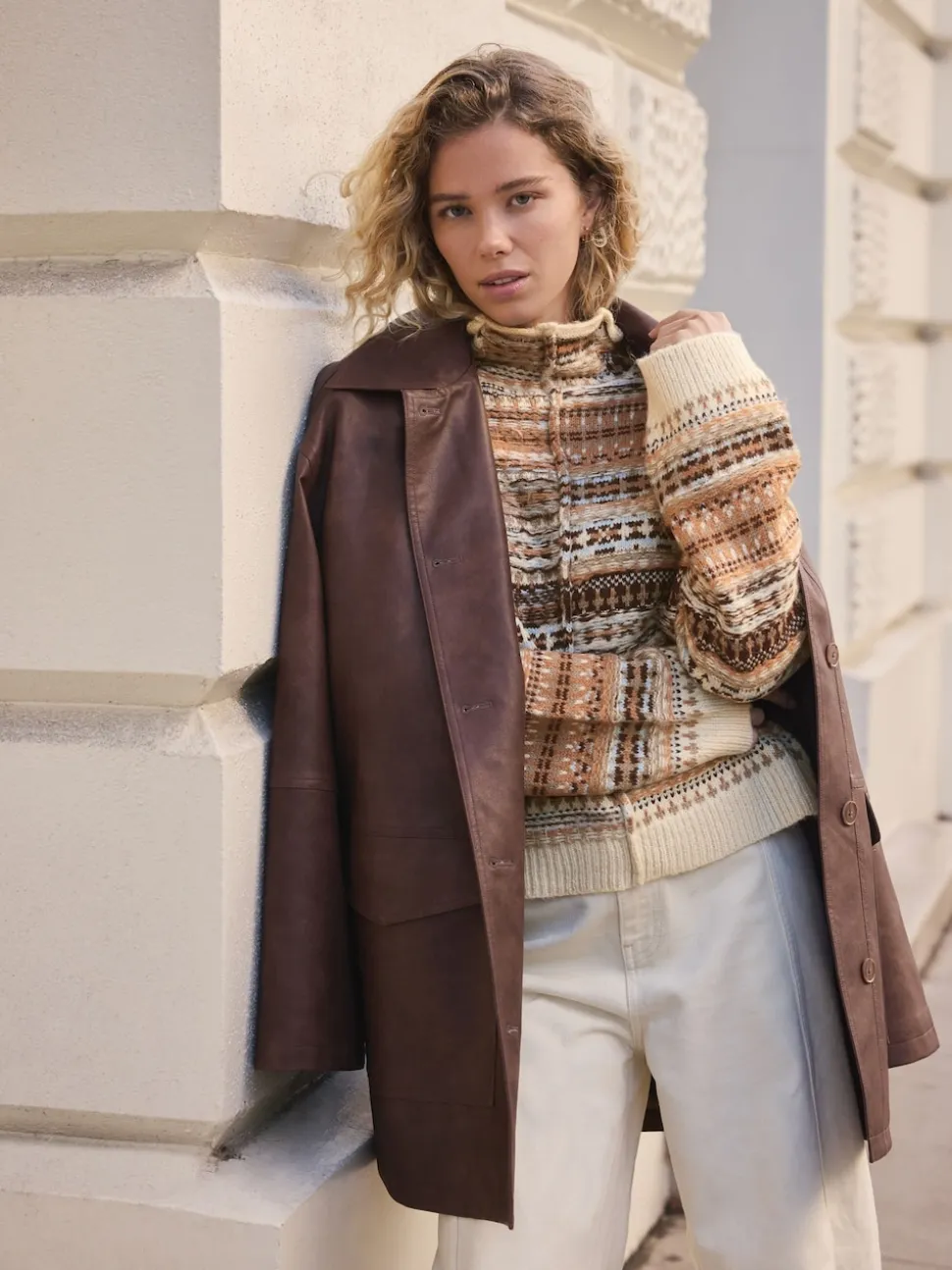 Multi Neutral Stand Neck Fairisle Pattern Stitch Knitted Jumper