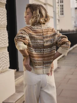 Multi Neutral Stand Neck Fairisle Pattern Stitch Knitted Jumper