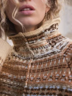 Multi Neutral Stand Neck Fairisle Pattern Stitch Knitted Jumper