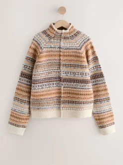 Multi Neutral Stand Neck Fairisle Pattern Stitch Knitted Jumper