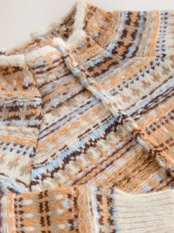 Multi Neutral Stand Neck Fairisle Pattern Stitch Knitted Jumper
