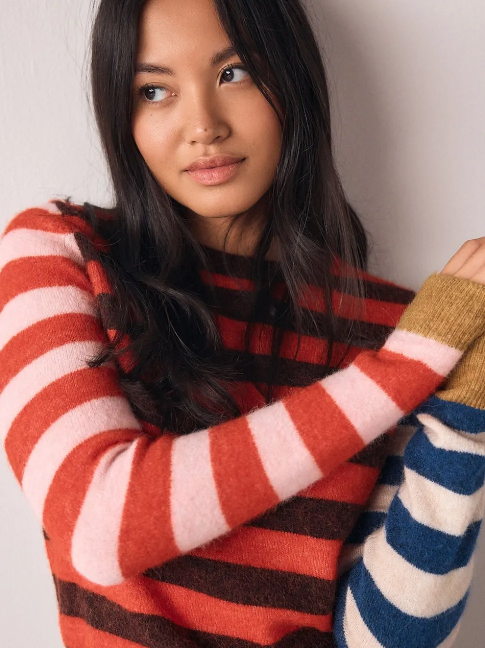 Multi Red/Blue Stripe Long Sleeve Crew Neck Jumper With Wool
