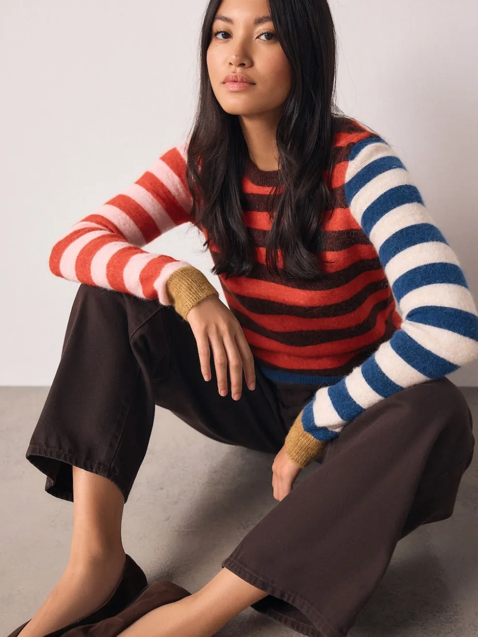 Multi Red/Blue Stripe Long Sleeve Crew Neck Jumper With Wool