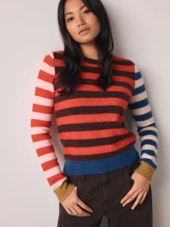 Multi Red/Blue Stripe Long Sleeve Crew Neck Jumper With Wool