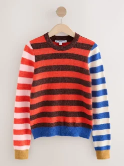 Multi Red/Blue Stripe Long Sleeve Crew Neck Jumper With Wool