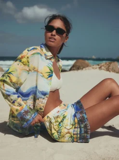 Multi Scenic Print Relaxed Long Sleeve Shirt With Linen