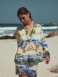 Multi Scenic Print Relaxed Long Sleeve Shirt With Linen