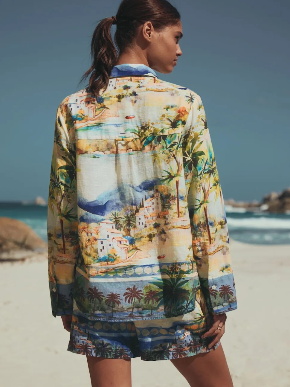 Multi Scenic Print Relaxed Long Sleeve Shirt With Linen