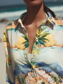 Multi Scenic Print Relaxed Long Sleeve Shirt With Linen