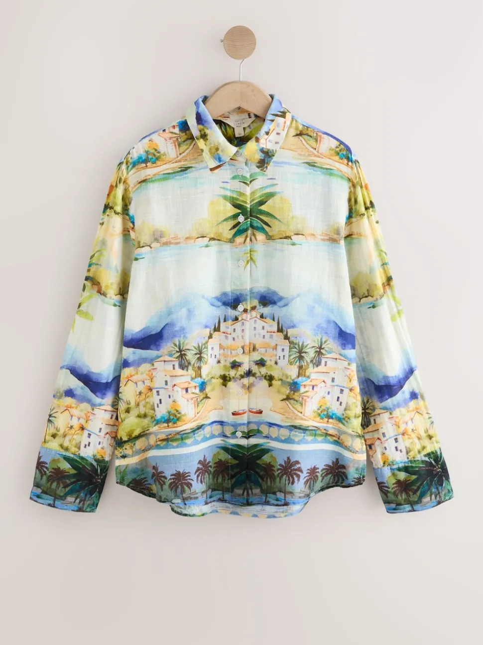 Multi Scenic Print Relaxed Long Sleeve Shirt With Linen