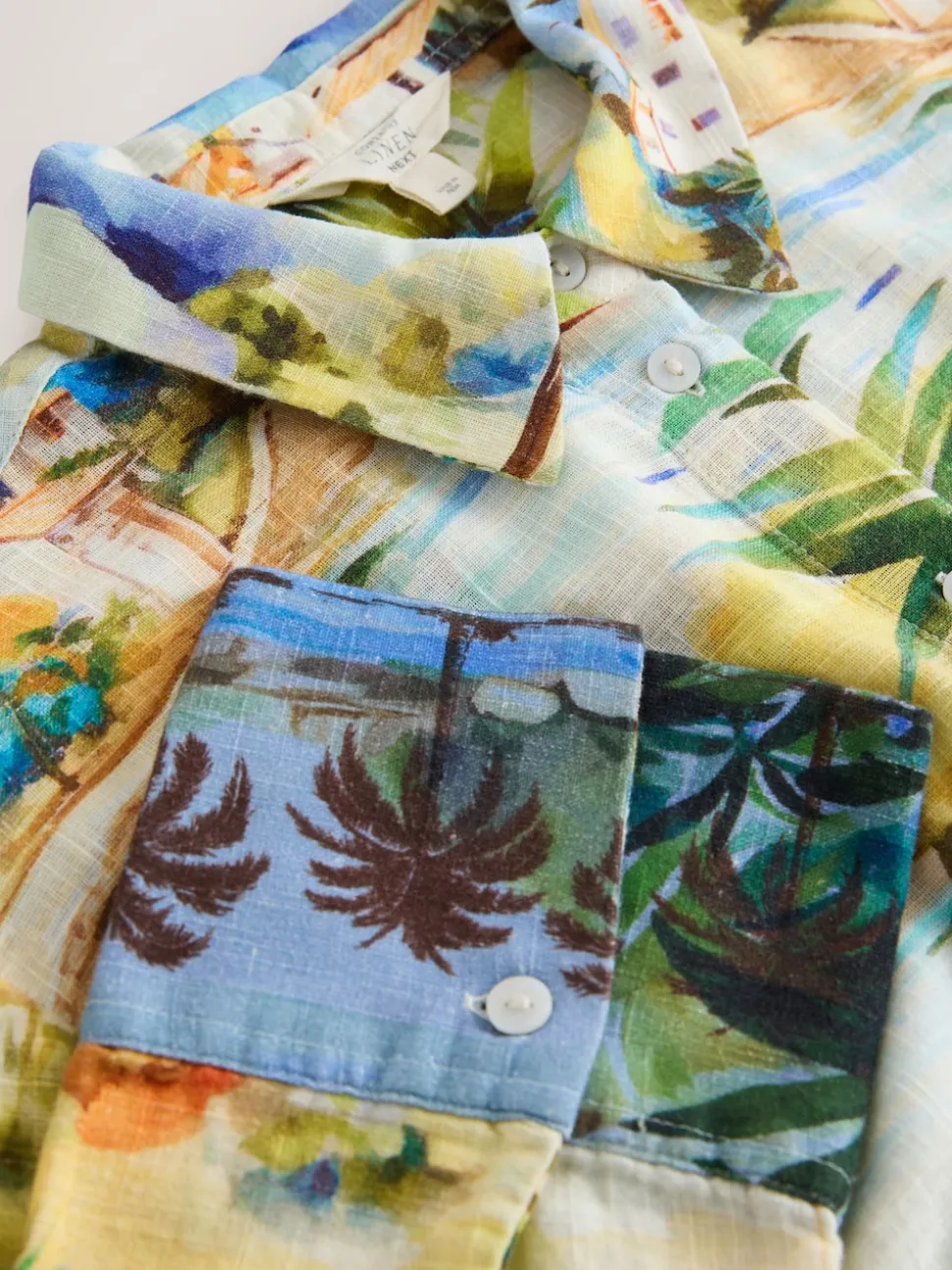 Multi Scenic Print Relaxed Long Sleeve Shirt With Linen