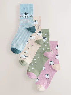 Multi Sheep Print Ankle Socks 4 Pack