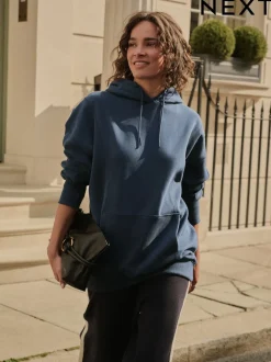 Navy Blue Active Longline Overhead Seam Detail Supersoft Hoodie with Pockets