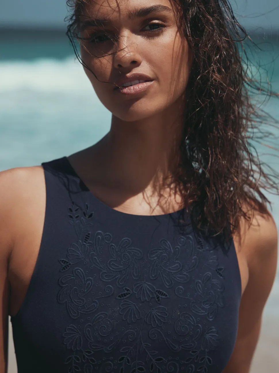 Navy Blue Broderie Cutwork High Neck Tummy Control Swimsuit