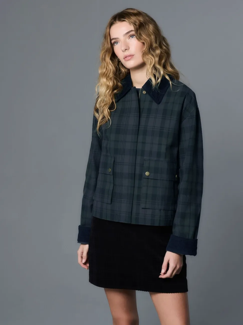Navy Blue Check Hertiage Cord Collar Jacket