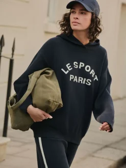 Navy Blue Compact Cosy Graphic Long Sleeve Hoodie